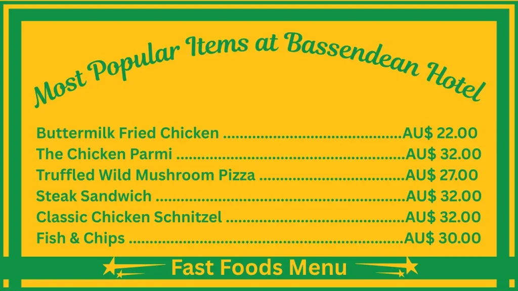 Bassendean Hotel Menu Prices In Australia 2 Most Popular Items On the Bassendean Hotel Menu in Australia