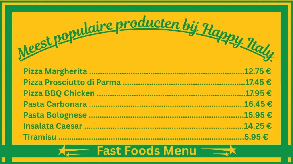 Happy Italy menuprijzen in Nederland 2 De populairste gerechten op het menu van Happy Italy Netherlands