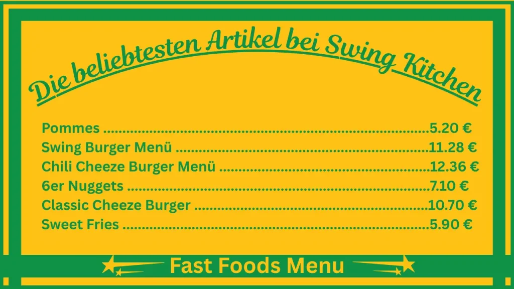 Preise auf der Speisekarte von Swing Kitchen in Österreich 2 Die beliebtesten Gerichte auf der Speisekarte des Swing Kitchen Österreich
