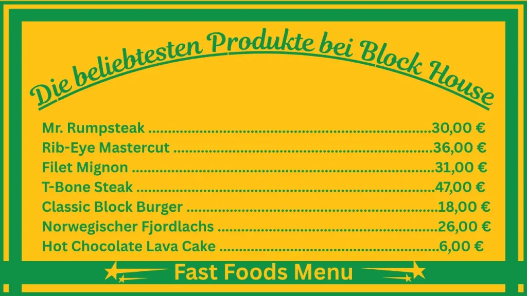 Block House Menüpreise in Deutschland 2 Die beliebtesten Gerichte auf der Speisekarte von Block House Deutschland