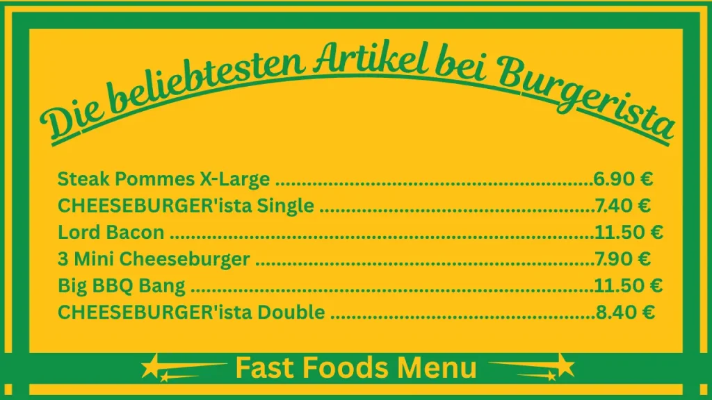 Preise auf der Speisekarte von Burgerista in Österreich 2 Die beliebtesten Gerichte auf der Speisekarte von Burgerista Österreich