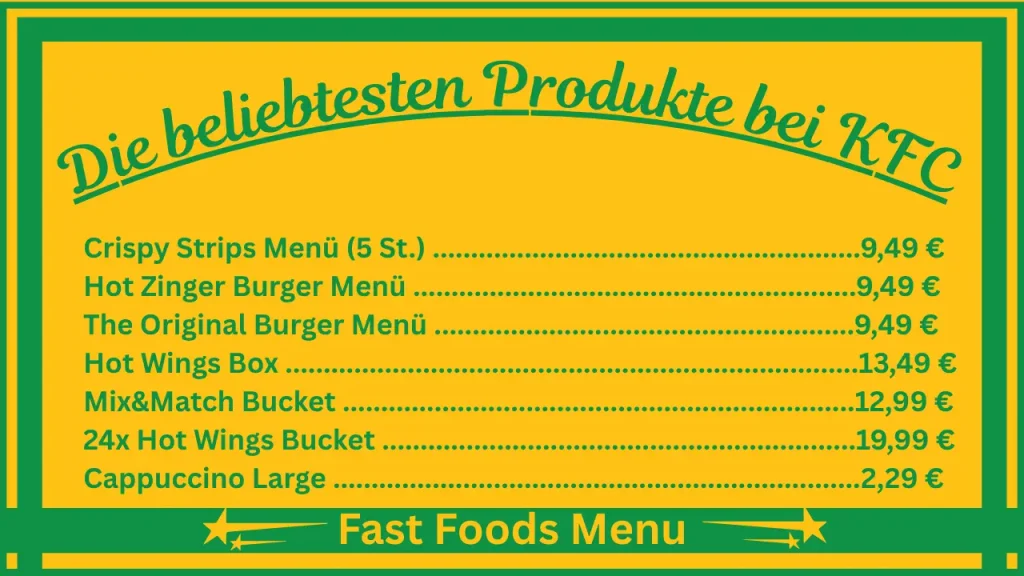 Preise auf der KFC-Speisekarte in Österreich 2 Die beliebtesten Gerichte auf der Speisekarte von KFC Österreich