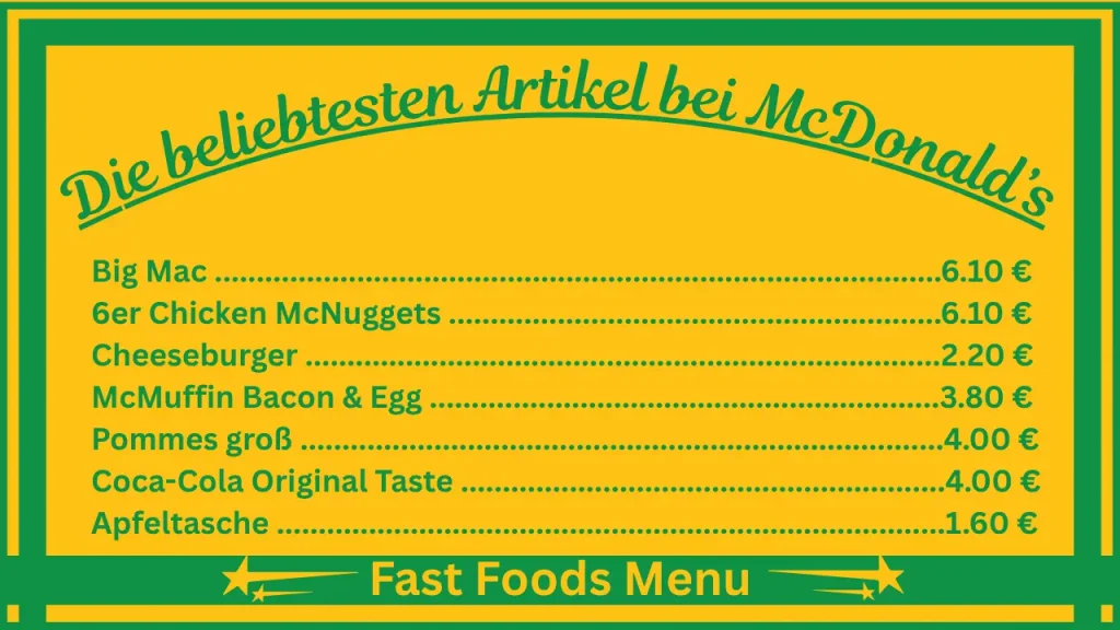 Preise auf der Speisekarte von McDonald’s in Österreich 2 Die beliebtesten Gerichte auf der Speisekarte von McDonald’s Österreich