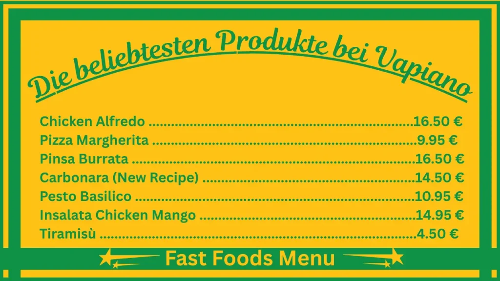 Vapiano Menüpreise in Deutschland 2 Die beliebtesten Gerichte auf der Speisekarte von Vapiano Deutschland