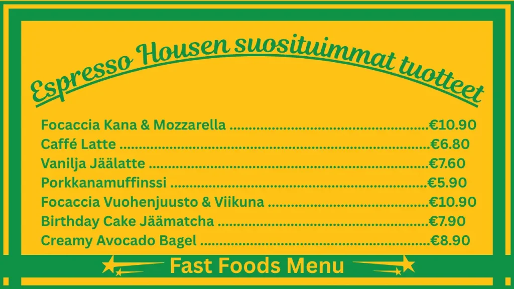 Espresso House -menuhinnat Suomessa 2 Espresso House Finlandin ruokalistan suosituimmat tuotteet