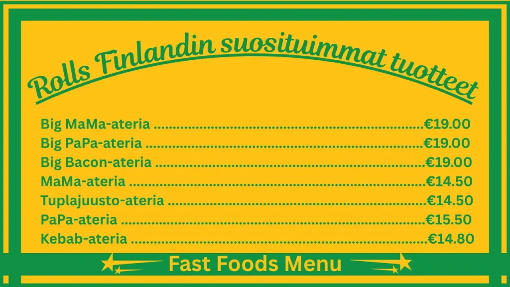 Rolls-menu hinnasto Suomessa 2 Rolls Finlandin ruokalistan suosituimmat annokset
