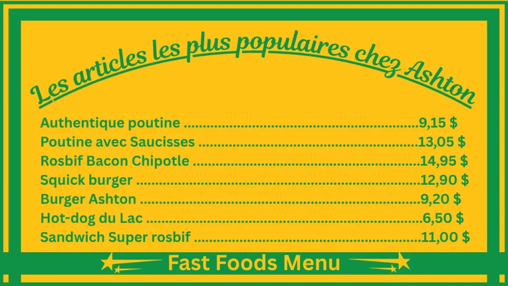 Ashton Menu prix au Québec, Canada 2 Les plats les plus populaires du menu de Chez Ashton