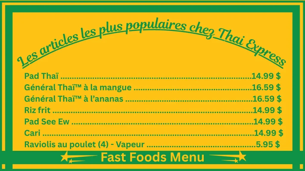 Thaï Express Menu et prix au Québec, Canada 2 Les plats les plus populaires du menu de Thai Express