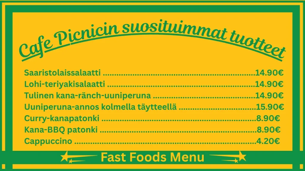 Picnic menu ja hinnat Suomessa 2 Cafe Picnicin ruokalistan suosituimmat annokset