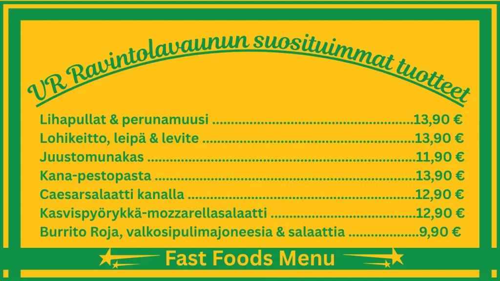 VR Ravintolavaunun menu ja hinnat Suomessa 2 VR Ravintolavaunun ruokalistan suosituimmat annokset