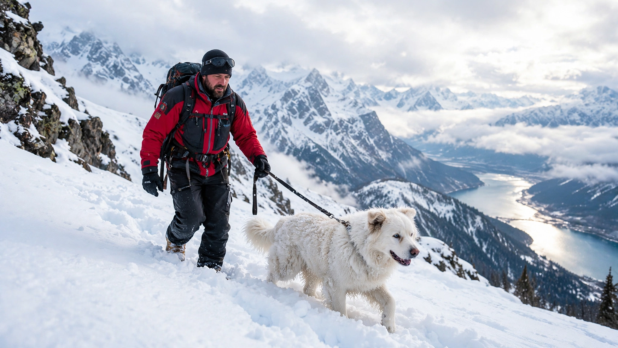 Missing Dog: 50 Hours Alone Ended in an Incredible Rescue 3 A rescuer leads missing dog LouLou carefully across the snow to safety in the Alaska mountains
