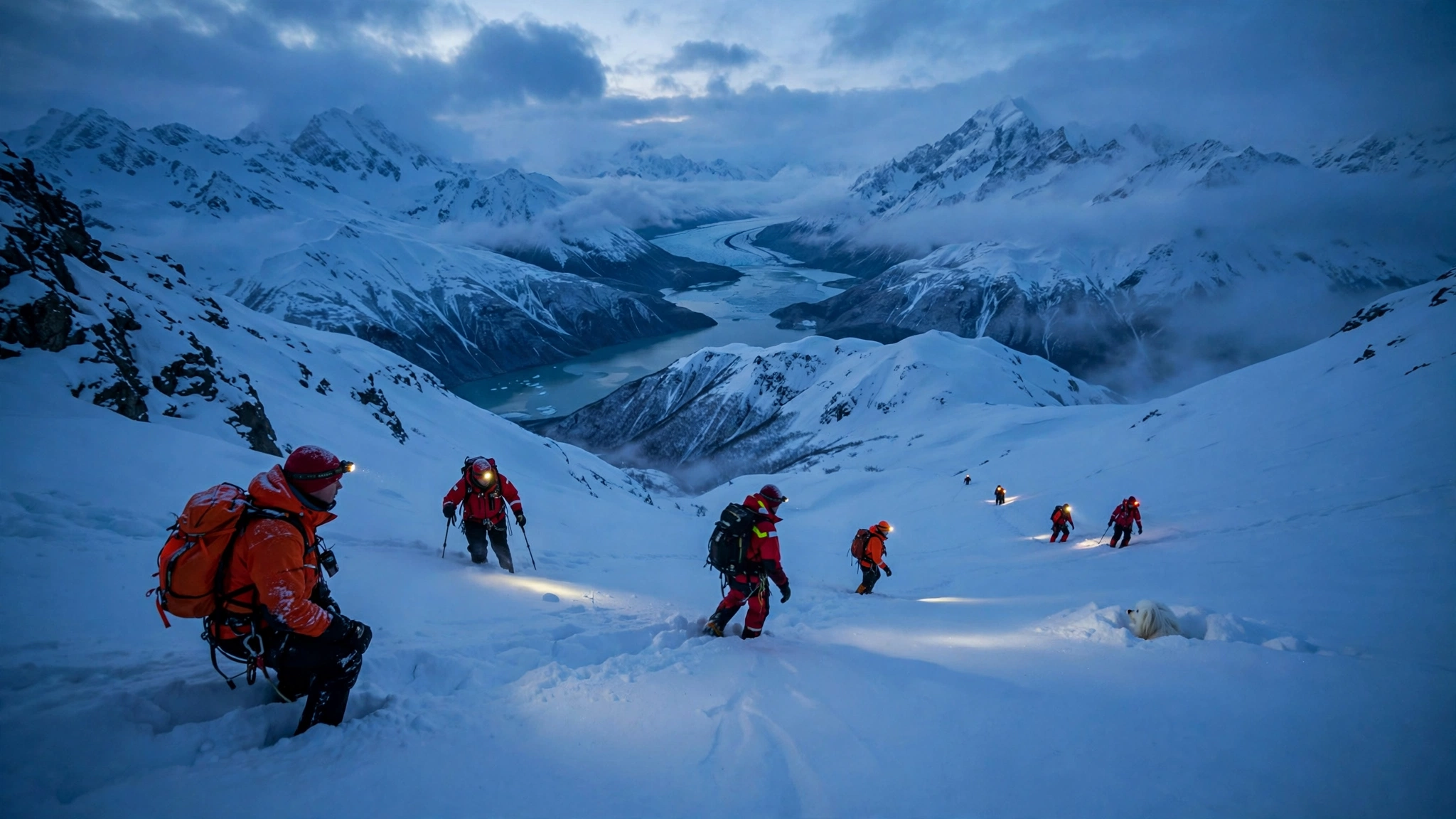 Missing Dog: 50 Hours Alone Ended in an Incredible Rescue 2 Search and rescue volunteers with headlamps searching the snowy Alaska slopes for the missing dog at dusk