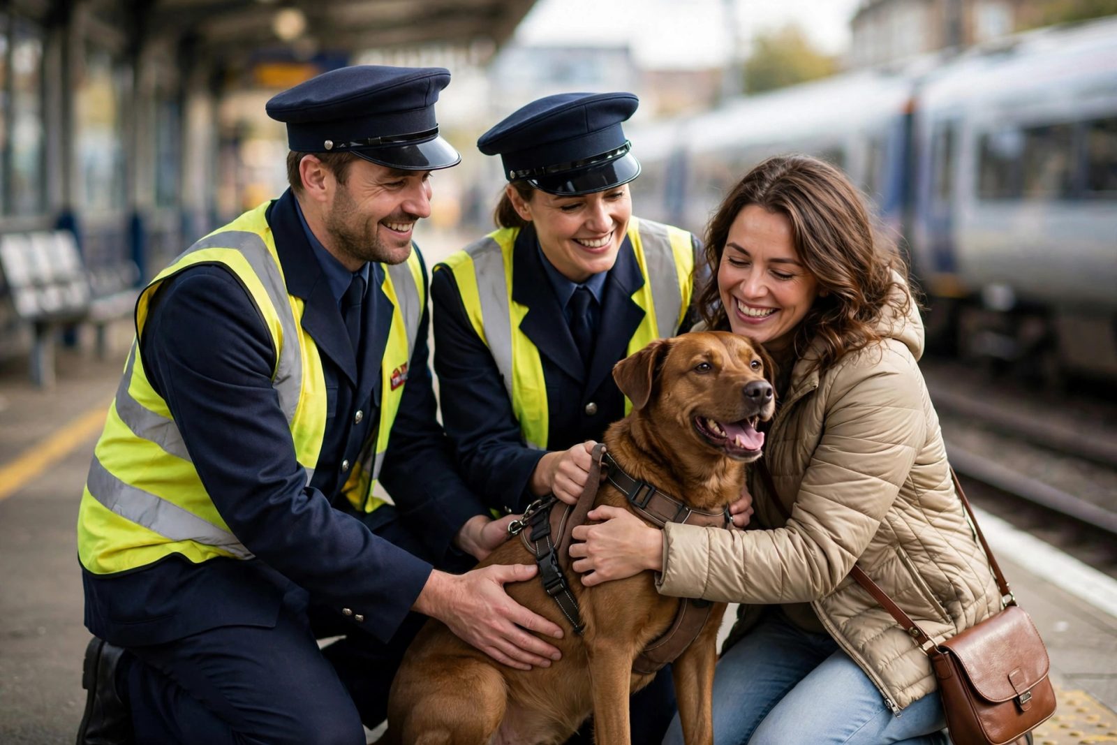 Train Platform Rescue: Incredible Save by 2 Railway Workers 4 Railway workers and owner hugging the rescued dog after the train platform rescue
