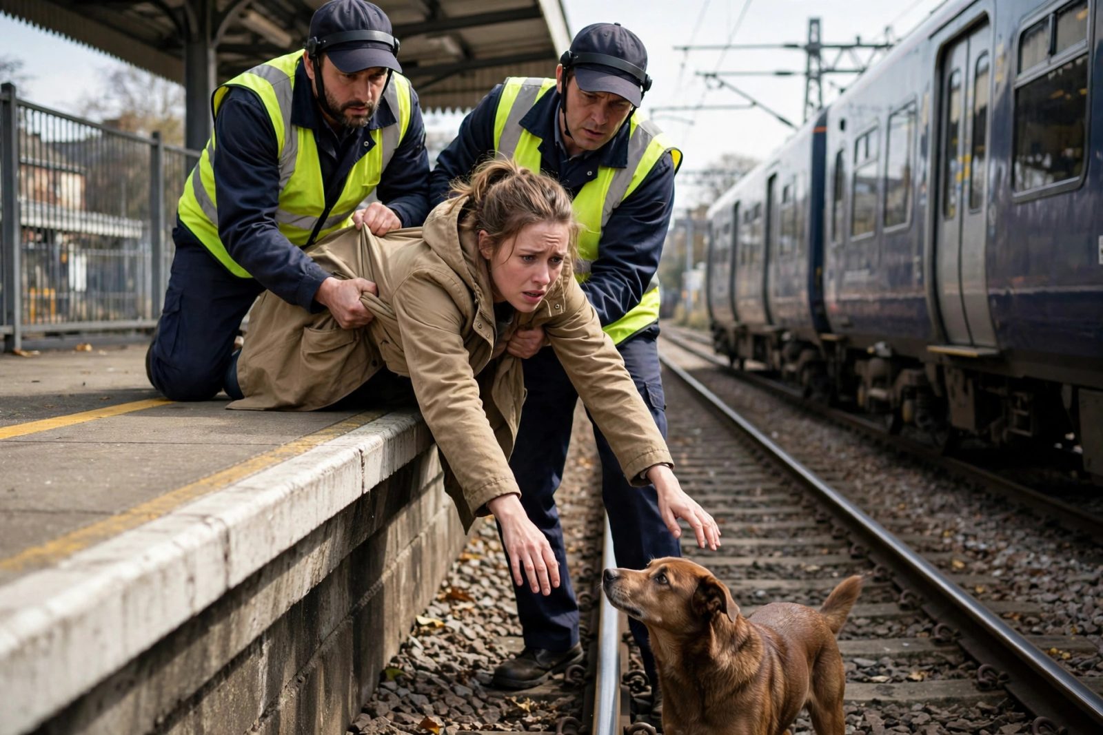 Train Platform Rescue: Incredible Save by 2 Railway Workers 3 Railway workers holding the woman's coat during the train platform rescue